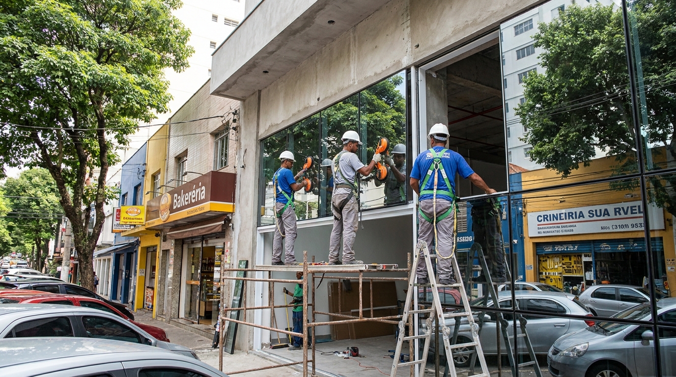 Fachada de vidro com confeitaria vizinha em Fortaleza-CE